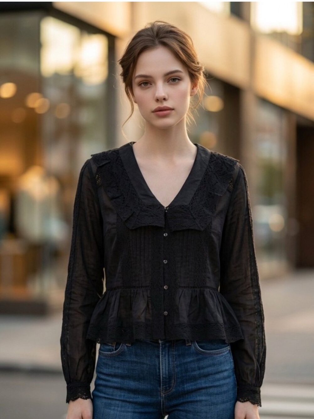 Caroline Constas Black Lace-Trim Blouse